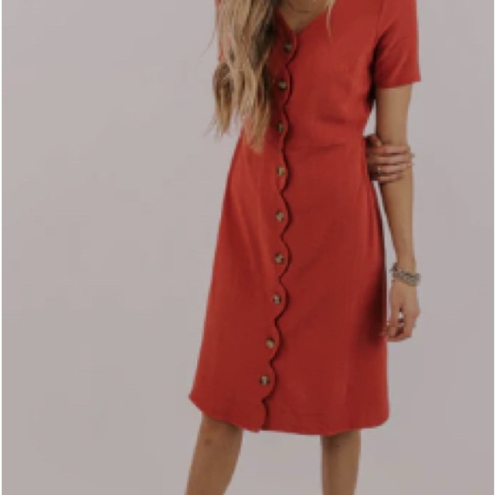 Scalloped Coral Button-Down Dress